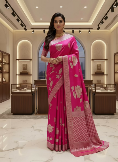 Pink Luxurious Banarasi Pure Mashru Silk with Floral Weaving - Designer Party Wear