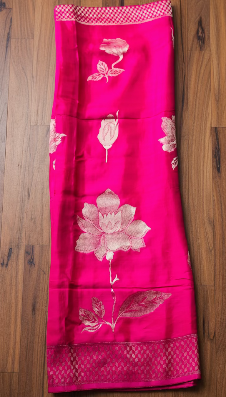 Pink Luxurious Banarasi Pure Mashru Silk with Floral Weaving - Designer Party Wear