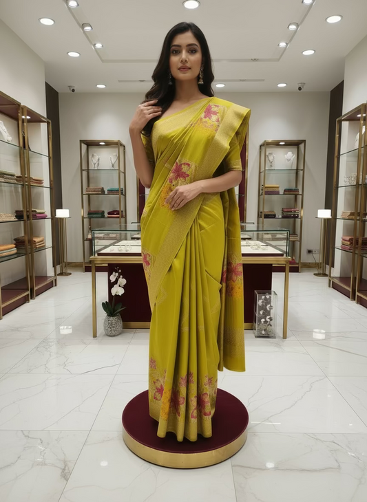 Lime Green Banarasi Pure Mashru Silk Saree with Floral Pattern  - Designer Party Wear