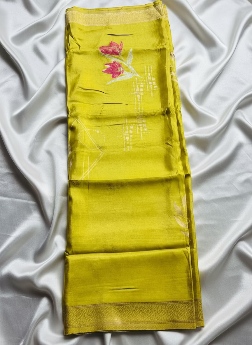 Lime Green Banarasi Pure Mashru Silk Saree with Floral Pattern  - Designer Party Wear