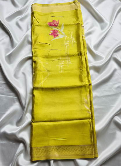 Lime Green Banarasi Pure Mashru Silk Saree with Floral Pattern  - Designer Party Wear