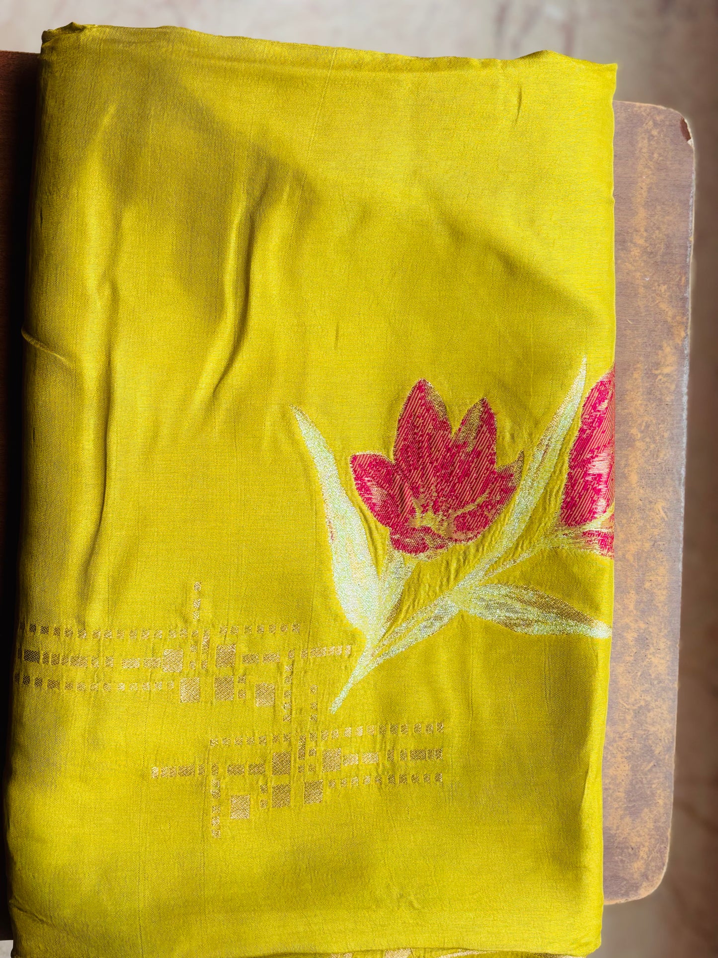 Lime Green Banarasi Pure Mashru Silk Saree with Floral Pattern  - Designer Party Wear