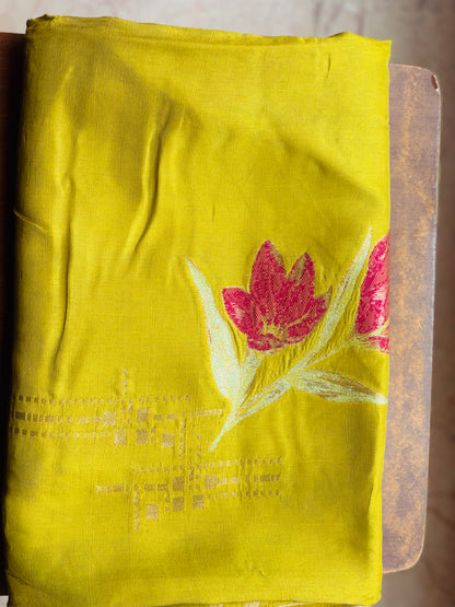 Lime Green Banarasi Pure Mashru Silk Saree with Floral Pattern  - Designer Party Wear