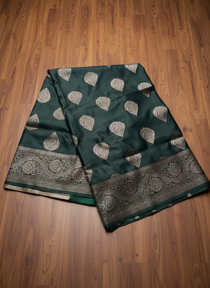 Dark Green Banarasi Pure Mashru Katan Silk with Big Silver Butta - Designer Traditional wear
