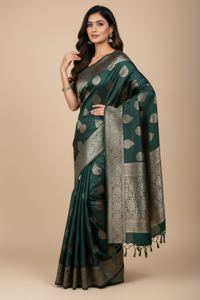 Dark Green Banarasi Pure Mashru Katan Silk - Silver Butta