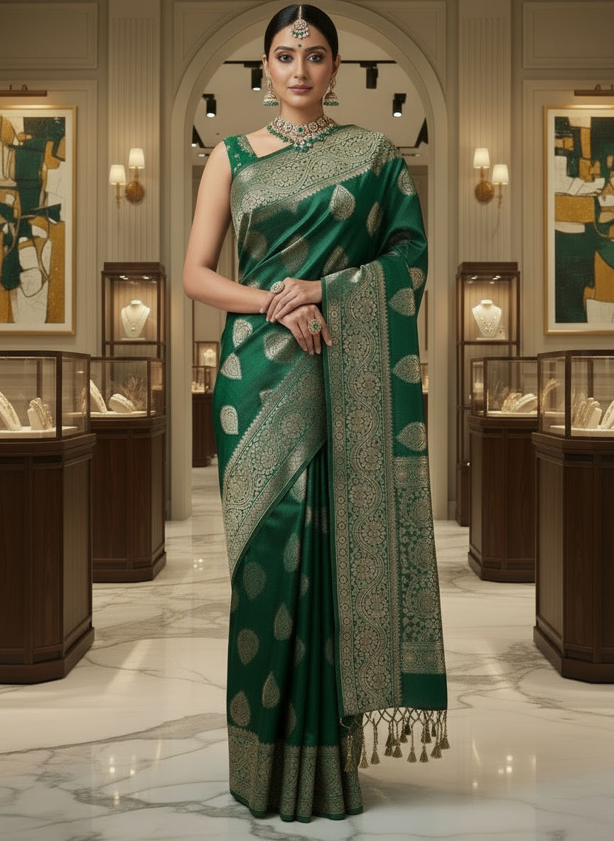 Dark Green Banarasi Pure Mashru Katan Silk with Big Silver Butta - Designer Traditional wear