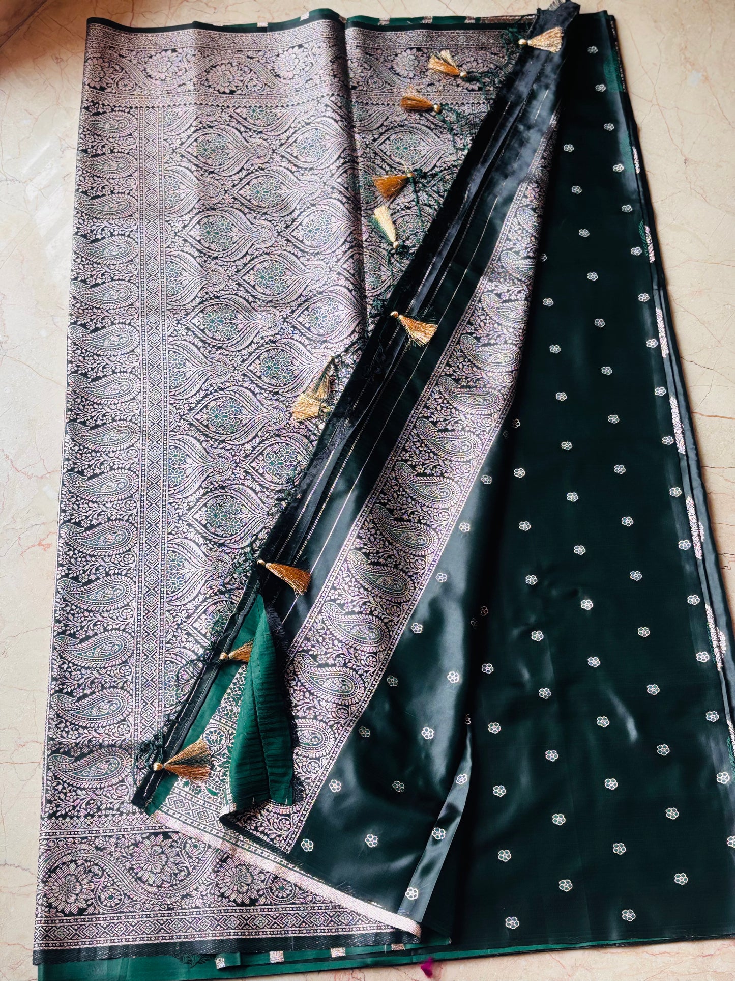 Dark Green Banarasi Pure Mashru Katan Silk with Big Silver Butta - Designer Traditional wear