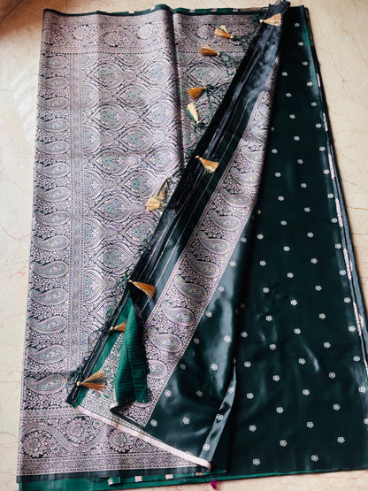 Dark Green Banarasi Pure Mashru Katan Silk with Big Silver Butta - Designer Traditional wear