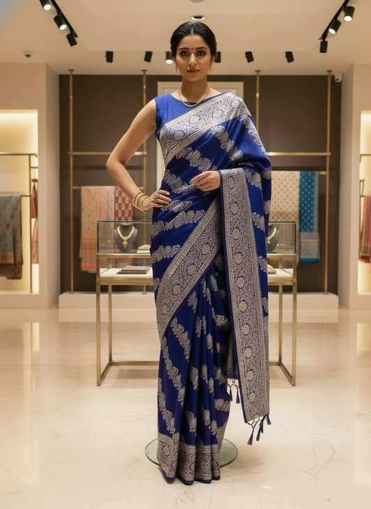 Navy Blue Banarasi Semi Mashru Silk Saree with Meenakari Lehariya Weaving -  Elegant traditional wear