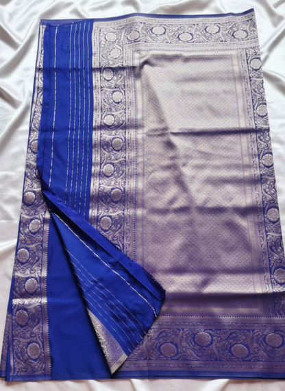 Navy Blue Banarasi Semi Mashru Silk Saree with Meenakari Lehariya Weaving -  Elegant traditional wear