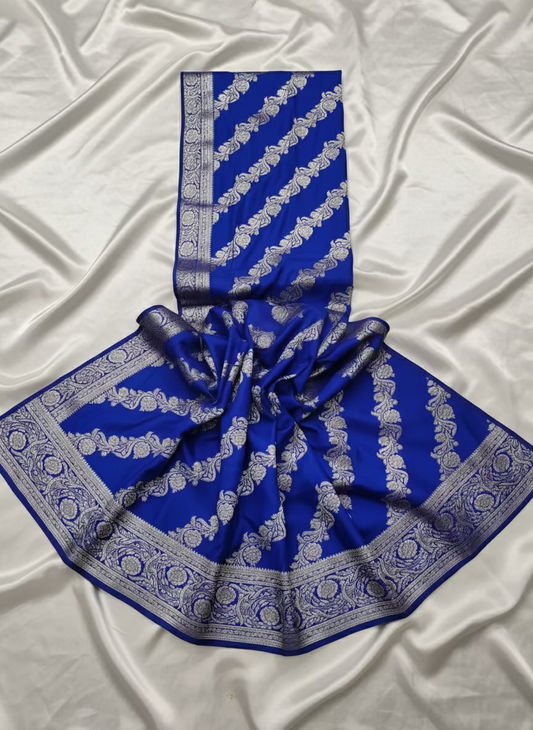 Navy Blue Banarasi Semi Mashru Silk Saree with Meenakari Lehariya Weaving - Elegant traditional wear