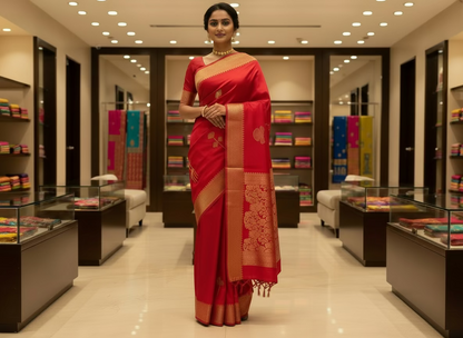 Metallic Red Banarasi Pure Mashru Silk Saree, Designer Ethnic Wear