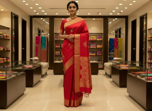 Metallic Red Banarasi Pure Mashru Silk Saree, Designer Ethnic Wear