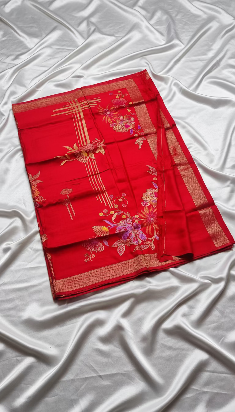 Metallic Red Banarasi Pure Mashru Silk Saree, Designer Ethnic Wear