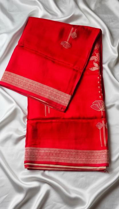 Metallic Red Banarasi Pure Mashru Silk Saree, Designer Ethnic Wear