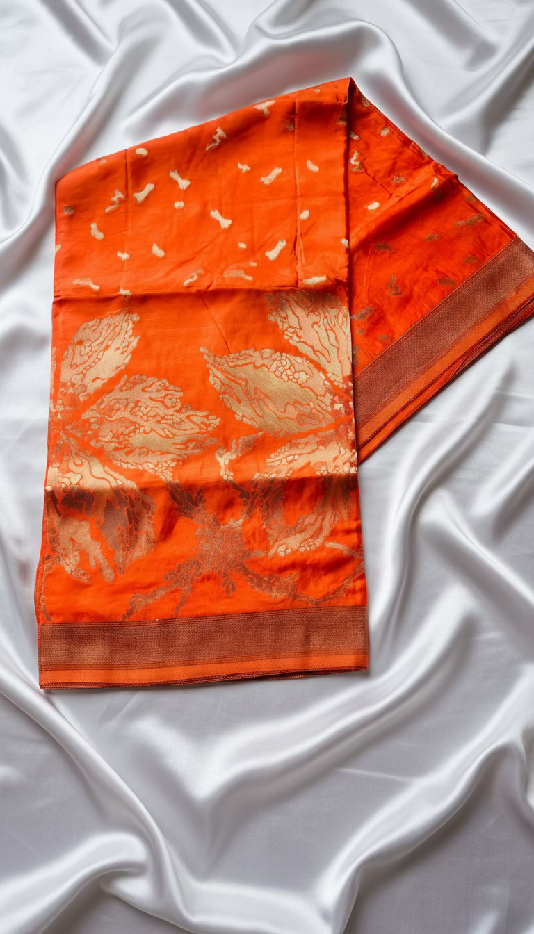 Metallic Orange Banarasi Premium Mashru Silk Saree, Designer Party wear