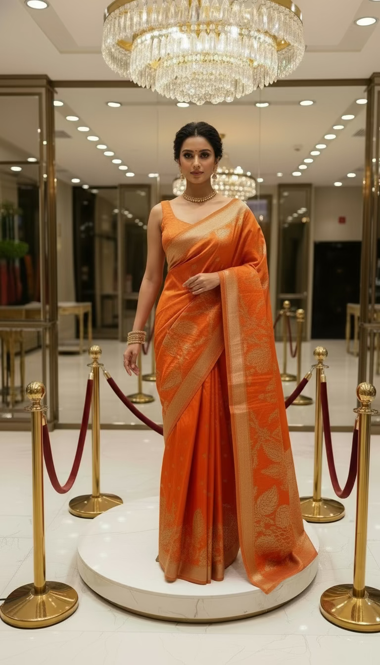 Metallic Orange Banarasi Premium Mashru Silk Saree, Designer Party wear
