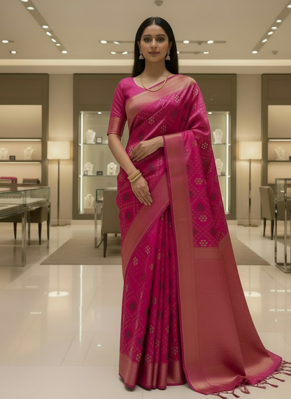 Magenta Banarasi Pure Raw Silk, Traditional Wear with Bandini Weaving