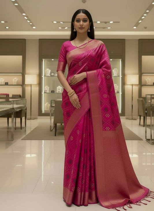 Magenta Banarasi Pure Raw Silk, Traditional Wear with Bandini Weaving