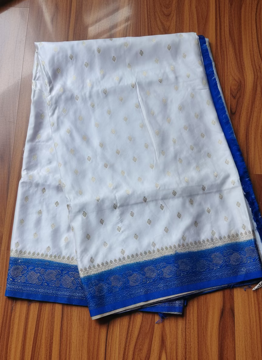 White Banarasi Semi Mashru Silk with Contrast Border, Traditional wear