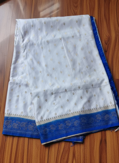 White Banarasi Semi Mashru Silk with Contrast Border, Traditional wear