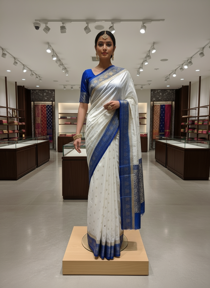 White Banarasi Semi Mashru Silk with Contrast Border, Traditional wear