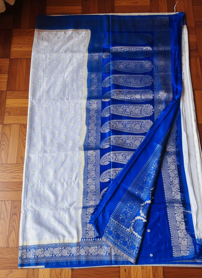 White Banarasi Semi Mashru Silk with Contrast Border, Traditional wear