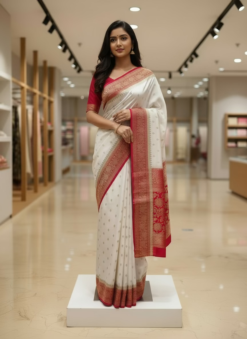 White Semi Mashru Silk Saree, an Elegant Traditional wear