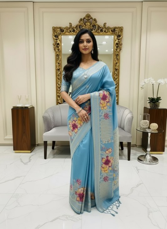 Sky Blue Banarasi Pure Mashru Silk Saree with Multicolour floral weaving - Designer Party wear