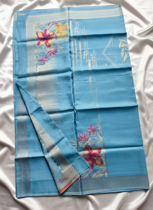 Sky Blue Banarasi Pure Mashru Silk Saree with Multicolour floral weaving - Designer Party wear
