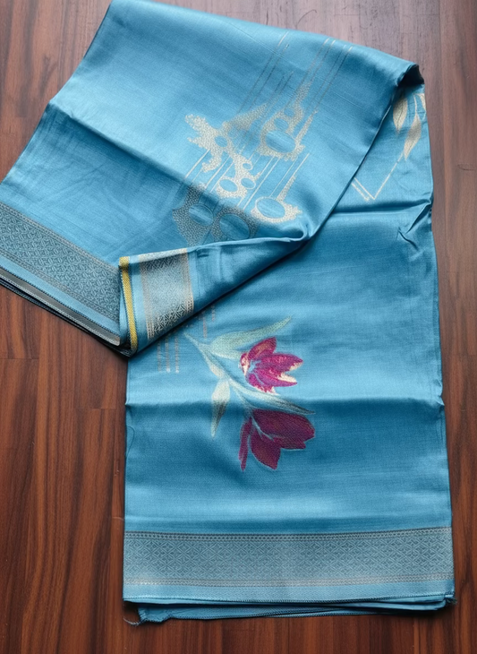 Sky Blue Banarasi Pure Mashru Silk Saree with Multicolour floral weaving - Designer Party wear