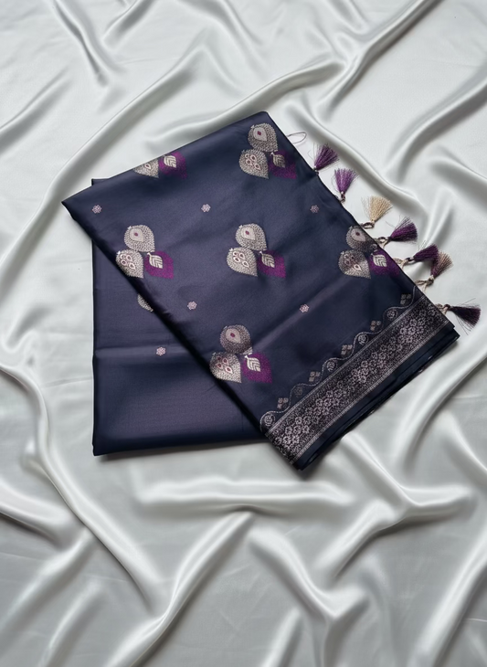 Indigo Banarasi Pure Mashru Katan Silk Saree with Sona Rupa Butta Weaving- Designer Ethnic Wear