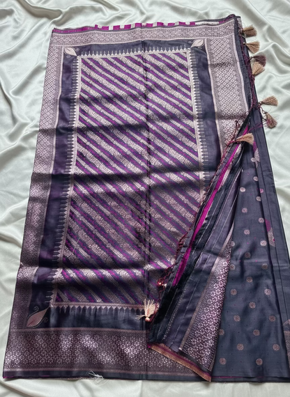 Indigo Banarasi Pure Mashru Katan Silk Saree with Sona Rupa Butta Weaving- Designer Ethnic Wear