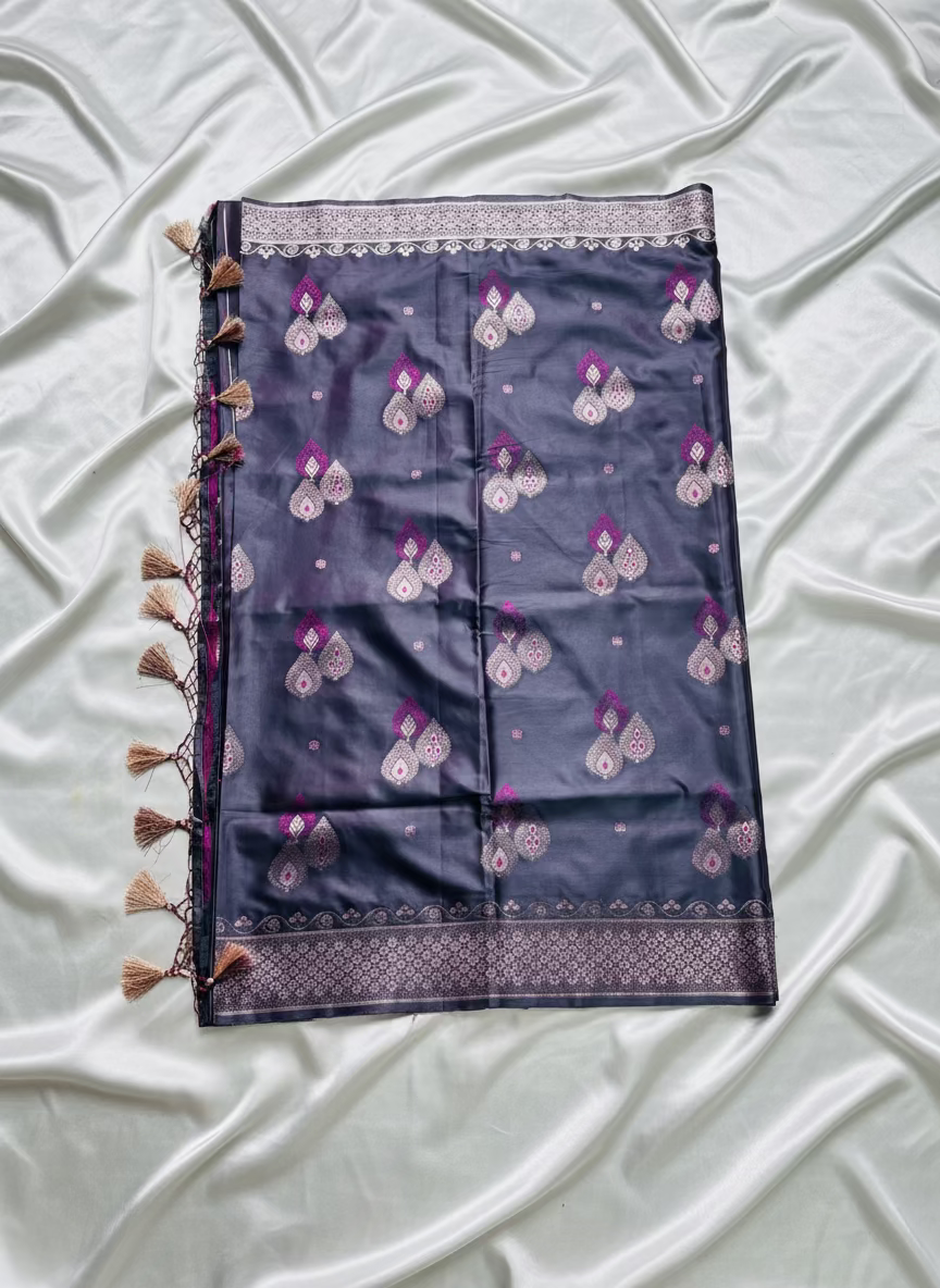 Indigo Banarasi Pure Mashru Katan Silk Saree with Sona Rupa Butta Weaving- Designer Ethnic Wear