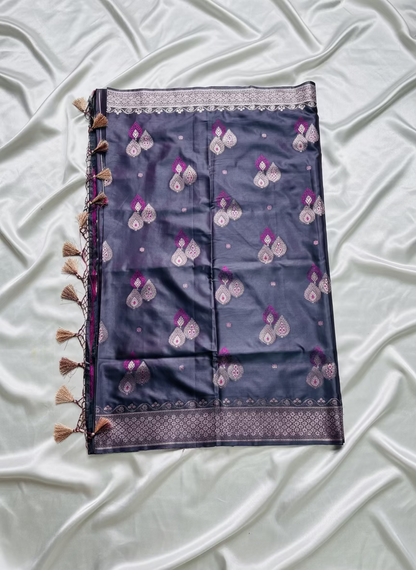 Indigo Banarasi Pure Mashru Katan Silk Saree with Sona Rupa Butta Weaving- Designer Ethnic Wear