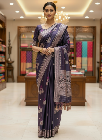 Indigo Banarasi Pure Mashru Katan Silk Saree with Sona Rupa Butta Weaving- Designer Ethnic Wear