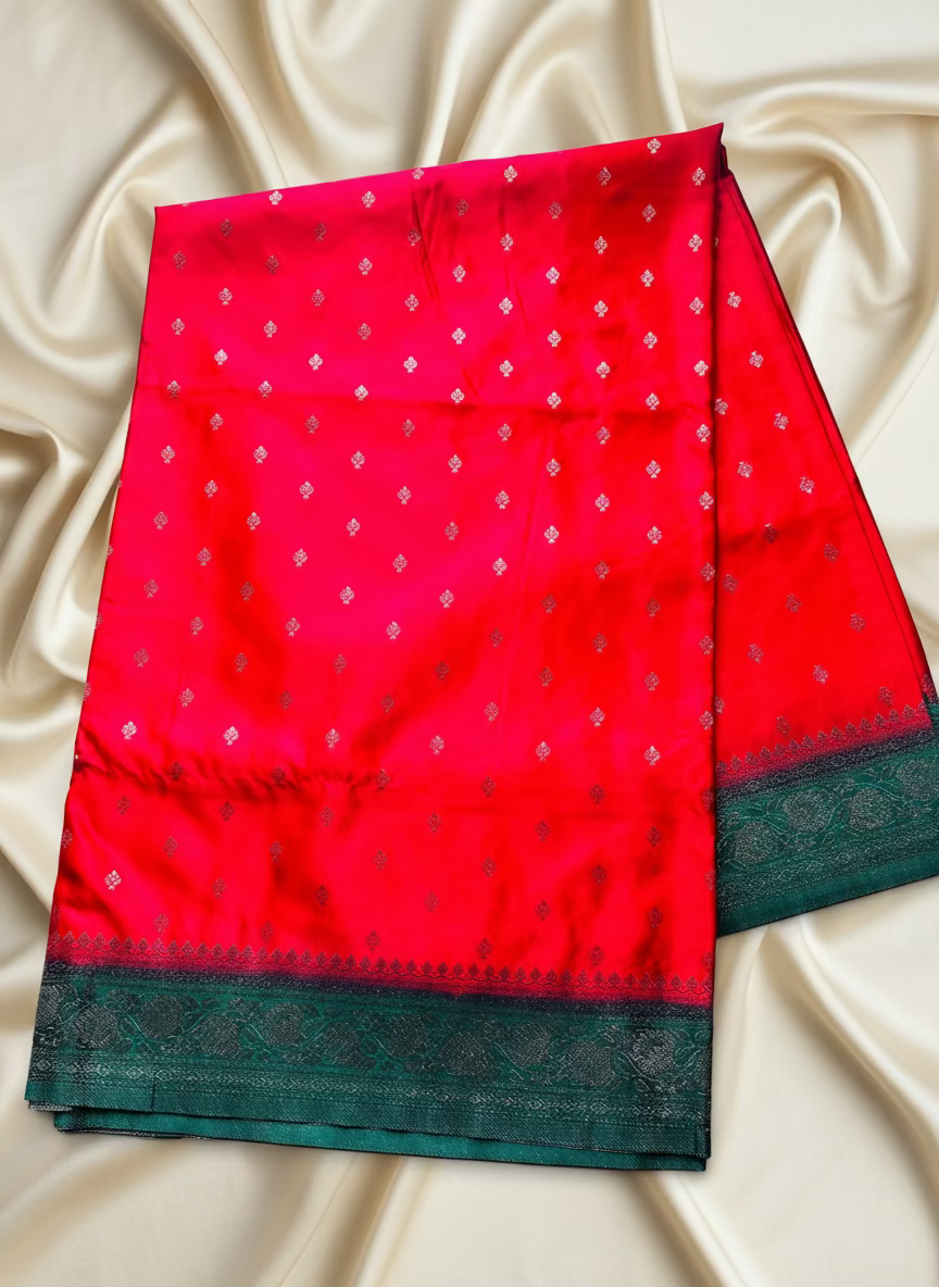 Red with contrast border Semi Mashru Silk saree, an Elegant Traditional Wear