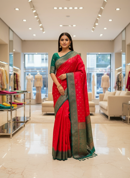Red with contrast border Semi Mashru Silk saree, an Elegant Traditional Wear