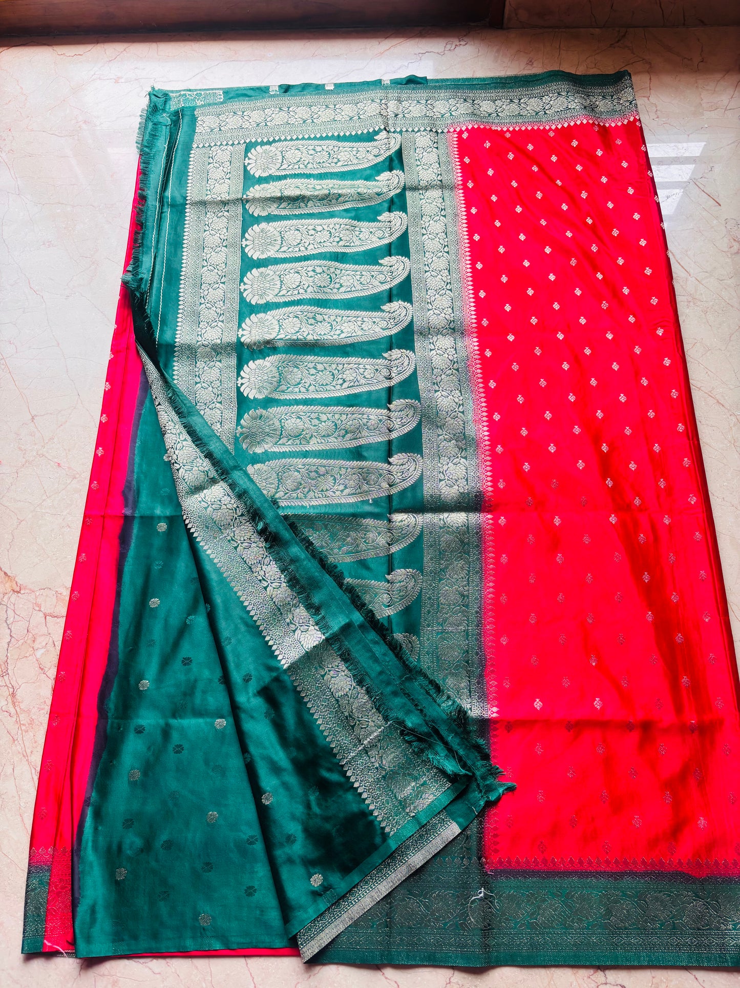 Red with contrast border Semi Mashru Silk saree, an Elegant Traditional Wear