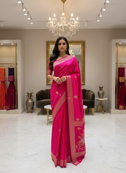 Onion Pink Banarasi Pure Mashru Silk Saree, Designer Ethnic Wear