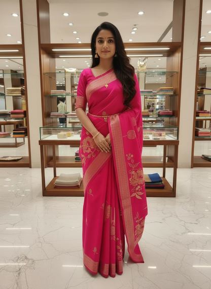 Pink Banarasi Pure Mashru Silk Saree, Designer Ethnic Wear