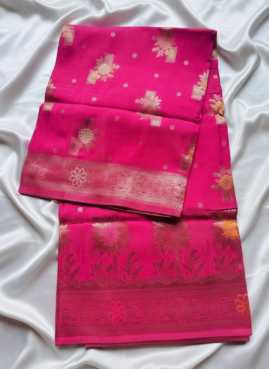 Onion Pink Banarasi Pure Mashru Silk Saree, Designer Ethnic Wear