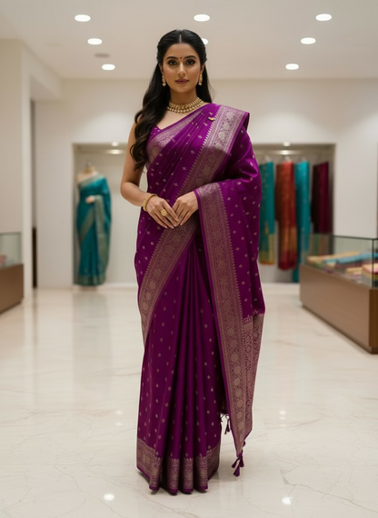 Wine Semi Mashru Silk Saree with Silver Butta - Traditional Wear