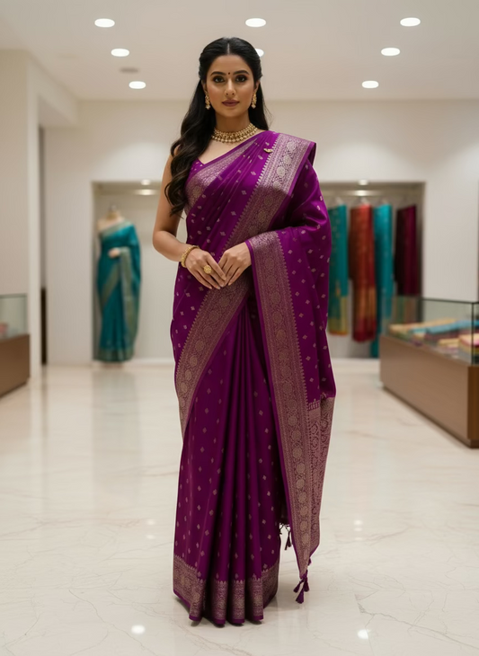 Wine Semi Mashru Silk Saree with Silver Butta - Traditional Wear