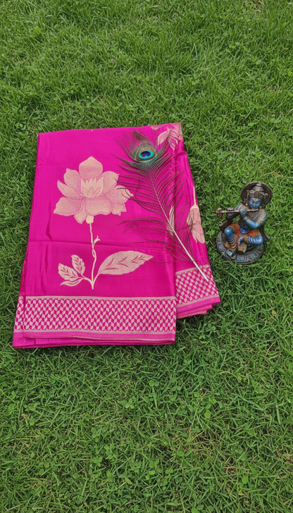 Pink Luxurious Banarasi Pure Mashru Silk with Floral Weaving - Designer Party Wear