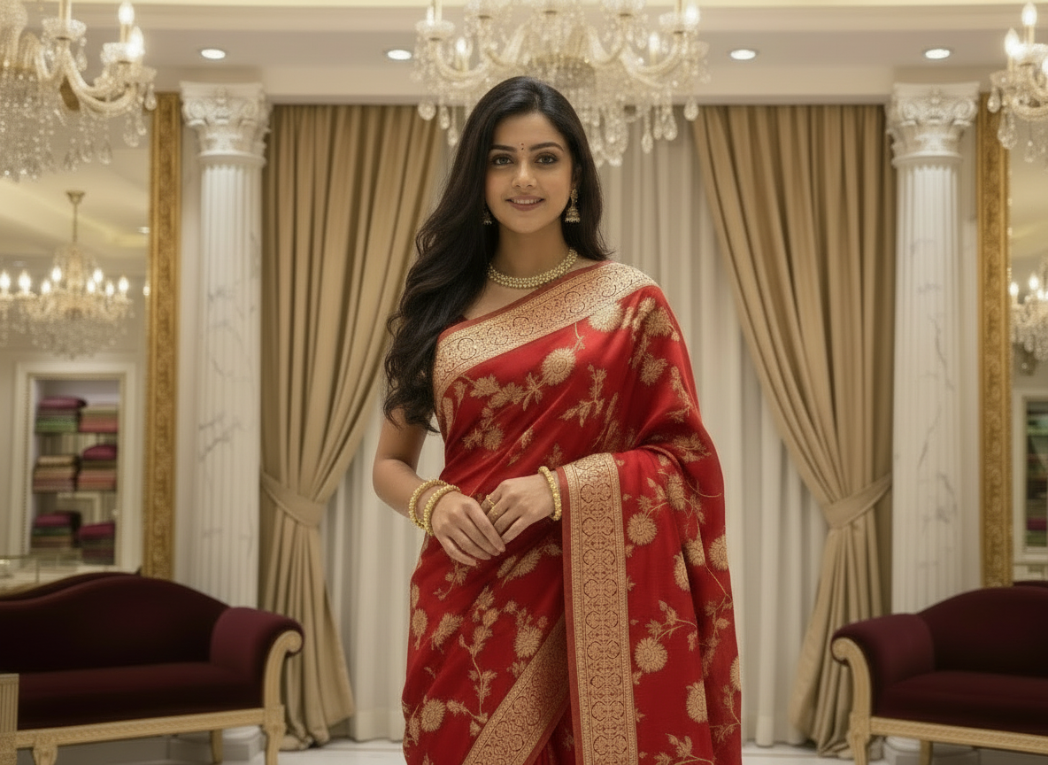 Luxurious Red Pure Mashru Silk Saree with Jall Design - Designer Ethnic Wear