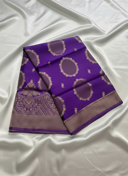 Dark Purple Banarasi Pure Mashru Silk with gold circular pattern- Designer Party Wear