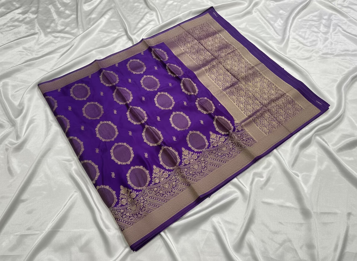 Dark Purple Banarasi Pure Mashru Silk with gold circular pattern- Designer Party Wear