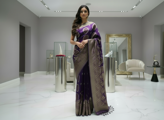 Dark Purple Banarasi Pure Mashru Silk with gold circular pattern- Designer Party Wear