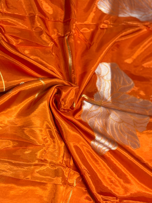 Metallic Orange Banarasi Pure Mashru Silk Saree with Silver Leaf Pattern - Designer Party wear